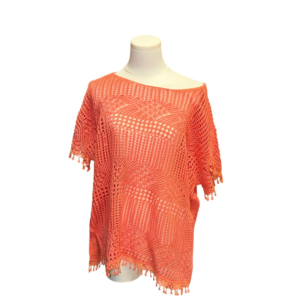 Fashion Avenue Crochet Poncho Top Womens XL Orange Good Tassel Trim Boho Knit